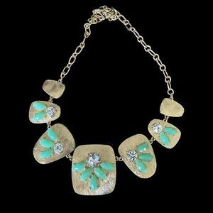 Gold Tone Green Acrylic Statement Panel Necklace Clear Rhinestones 18-20” Length